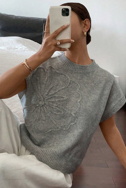 High Flower Pattern Ribbed Trim Short Sleeve Boxy Sweater