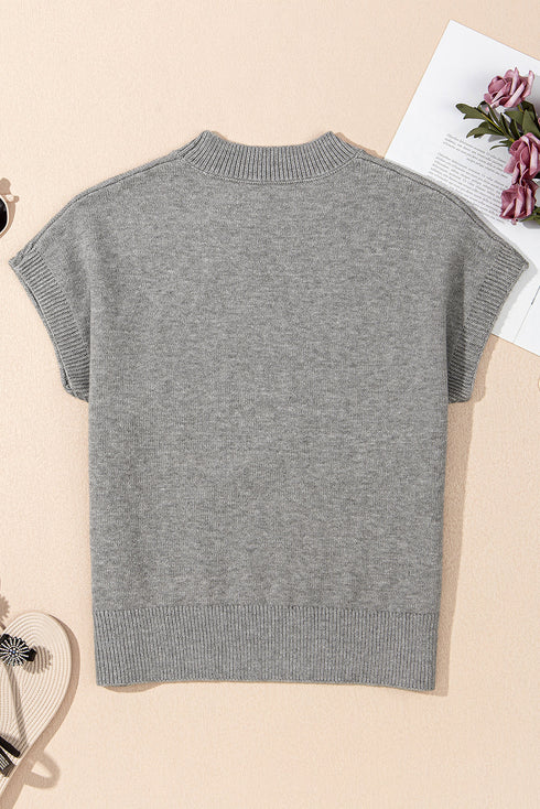 High Flower Pattern Ribbed Trim Short Sleeve Boxy Sweater