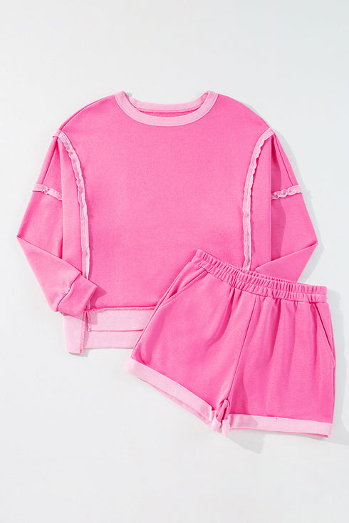 High Low Color Block Patchwork Long Sleeve Short Sets
