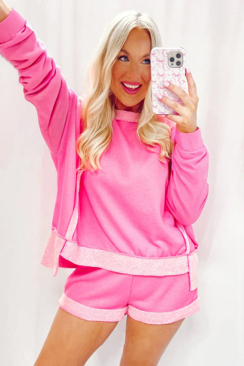 High Low Color Block Patchwork Long Sleeve Short Sets
