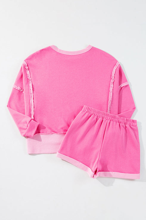High Low Color Block Patchwork Long Sleeve Short Sets