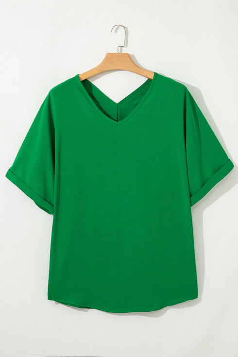 High Low Hem V Neck Cuffed Sleeve Plus Size Tee