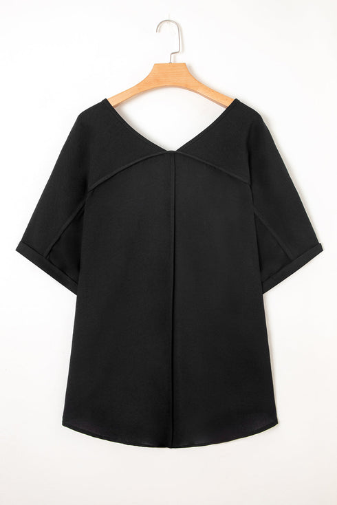 High Low Hem V Neck Cuffed Sleeve Plus Size Tee