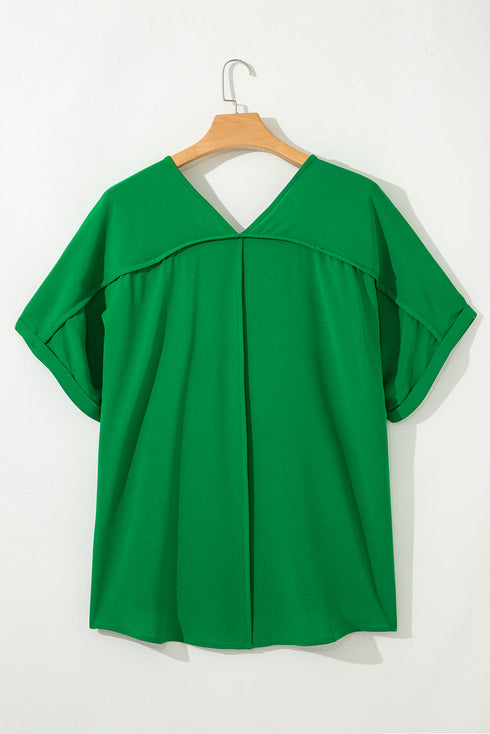 High Low Hem V Neck Cuffed Sleeve Plus Size Tee