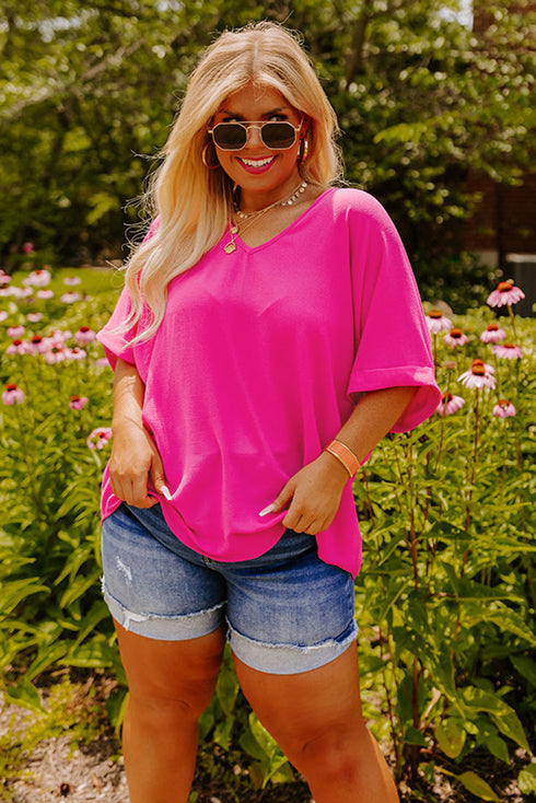 High Low Hem V Neck Cuffed Sleeve Plus Size Tee