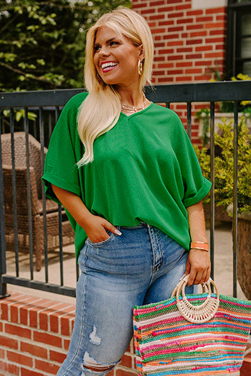 High Low Hem V Neck Cuffed Sleeve Plus Size Tee