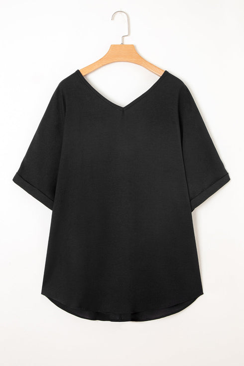 High Low Hem V Neck Cuffed Sleeve Plus Size Tee
