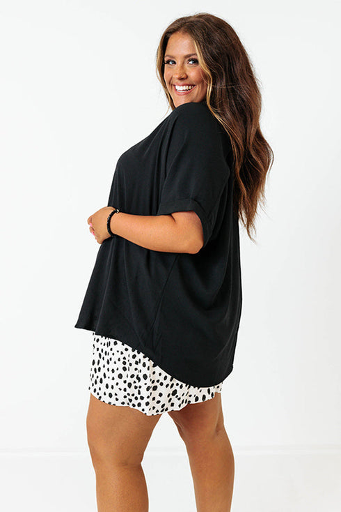 High Low Hem V Neck Cuffed Sleeve Plus Size Tee