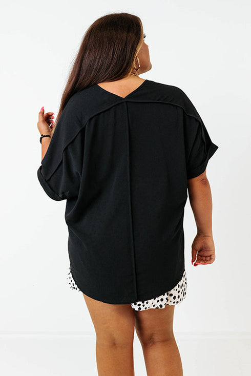High Low Hem V Neck Cuffed Sleeve Plus Size Tee