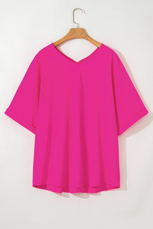 High Low Hem V Neck Cuffed Sleeve Plus Size Tee