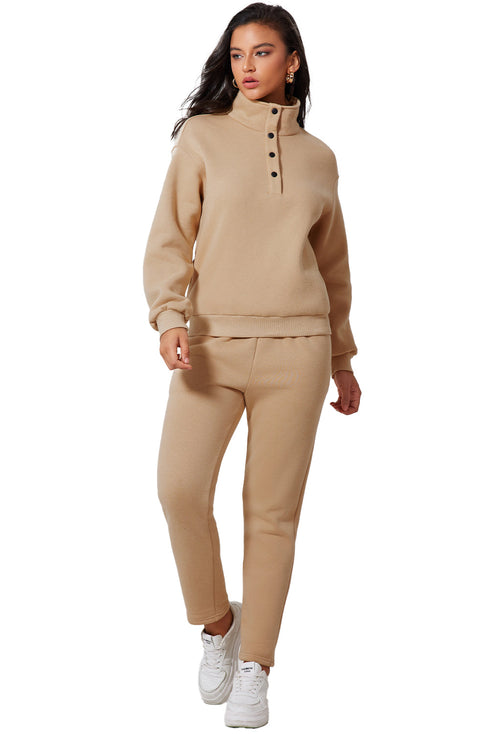 High Neck Buttoned Placket Fleece Lounge Set