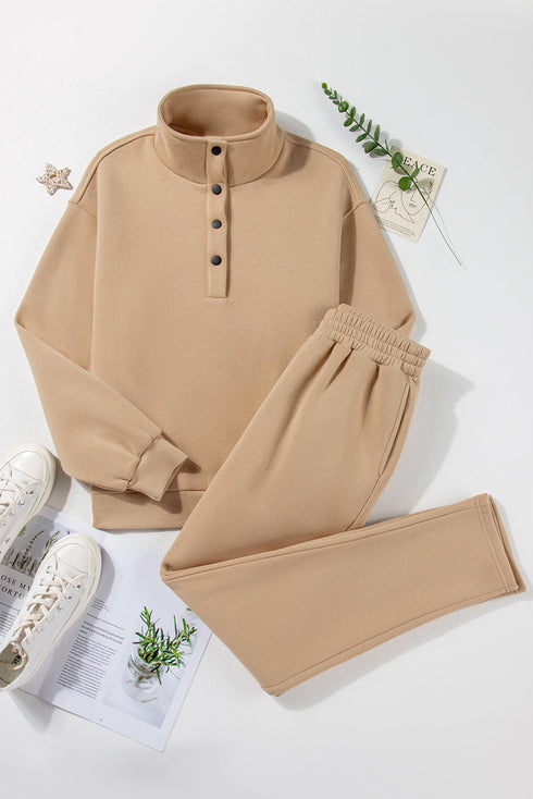 High Neck Buttoned Placket Fleece Lounge Set