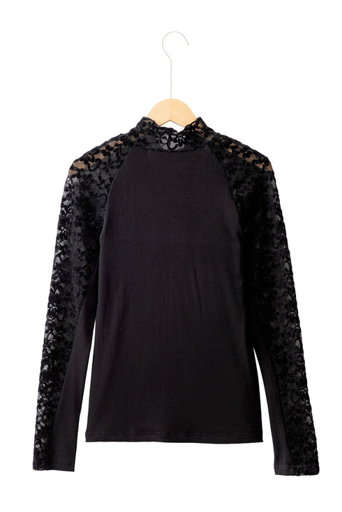 High Neck Floral Lace Patchwork Long Sleeve Ribbed Top