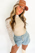 High Neck Floral Lace Patchwork Long Sleeve Ribbed Top