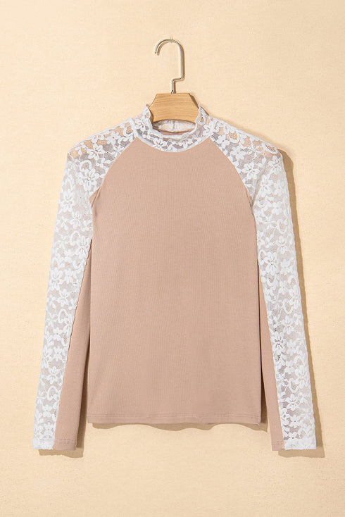 High Neck Floral Lace Patchwork Long Sleeve Ribbed Top