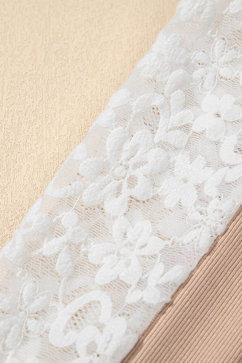 High Neck Floral Lace Patchwork Long Sleeve Ribbed Top