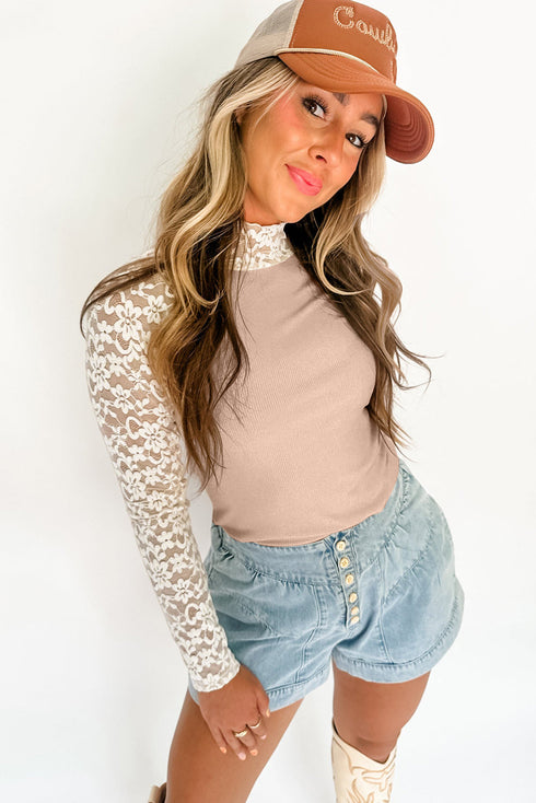 High Neck Floral Lace Patchwork Long Sleeve Ribbed Top