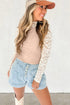 High Neck Floral Lace Patchwork Long Sleeve Ribbed Top