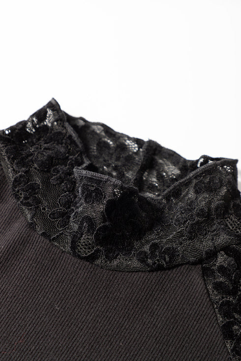 High Neck Floral Lace Patchwork Long Sleeve Ribbed Top