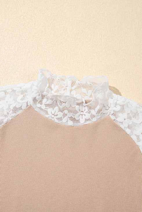 High Neck Floral Lace Patchwork Long Sleeve Ribbed Top