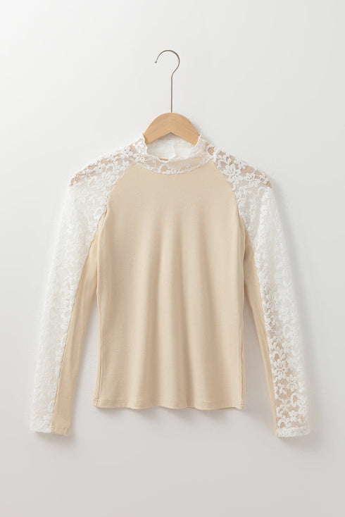 High Neck Floral Lace Patchwork Long Sleeve Ribbed Top