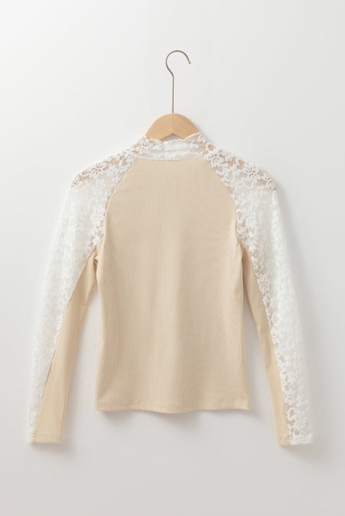 High Neck Floral Lace Patchwork Long Sleeve Ribbed Top