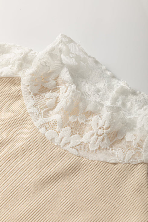 High Neck Floral Lace Patchwork Long Sleeve Ribbed Top