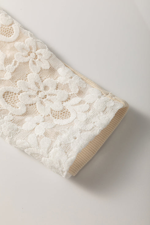 High Neck Floral Lace Patchwork Long Sleeve Ribbed Top