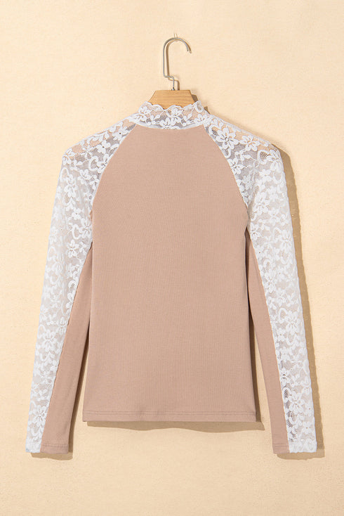 High Neck Floral Lace Patchwork Long Sleeve Ribbed Top
