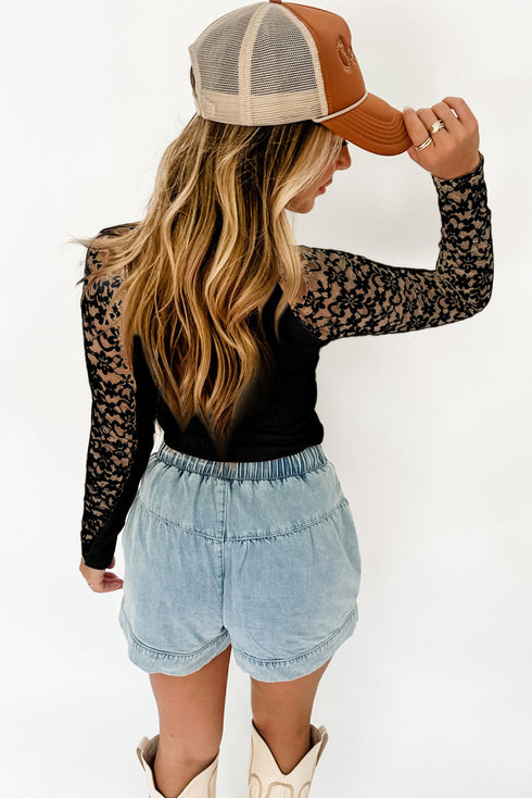High Neck Floral Lace Patchwork Long Sleeve Ribbed Top