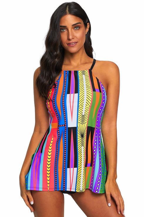High Neck Geometric Print Halter Tankini Top