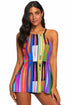 High Neck Geometric Print Halter Tankini Top