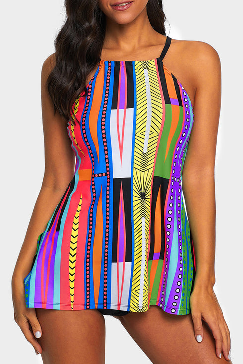 High Neck Geometric Print Halter Tankini Top