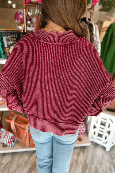 High Neck Ribbed Drop Shoulder Seam Detail Sweater