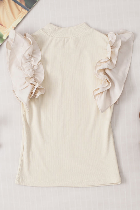 High Neck Ribbed Knit Flutter Sleeve Blouse