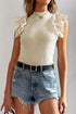 High Neck Ribbed Knit Flutter Sleeve Blouse