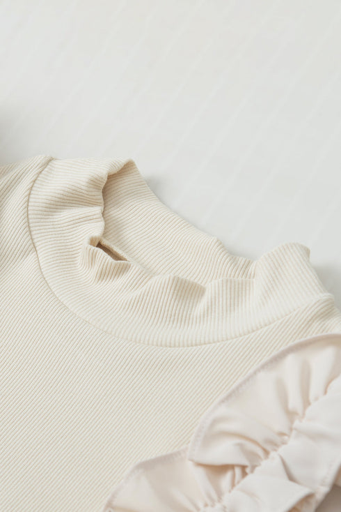 High Neck Ribbed Knit Flutter Sleeve Blouse