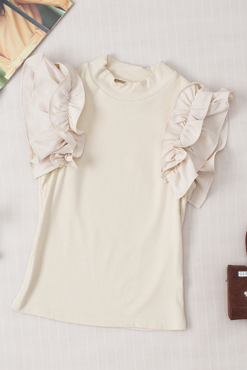 High Neck Ribbed Knit Flutter Sleeve Blouse
