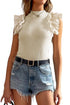 High Neck Ribbed Knit Flutter Sleeve Blouse