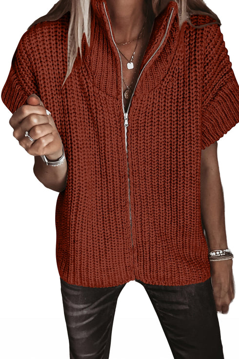 High Neck Short Sleeve Zipper Knit Sweater