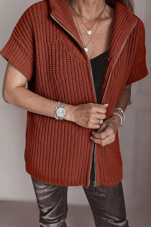 High Neck Short Sleeve Zipper Knit Sweater