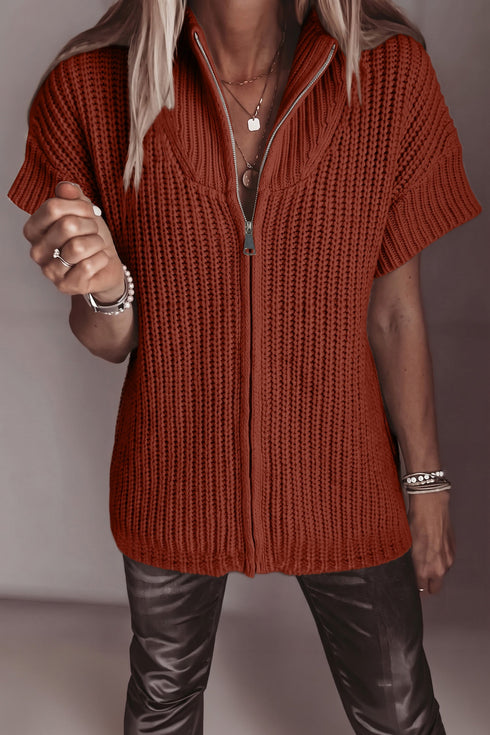 High Neck Short Sleeve Zipper Knit Sweater