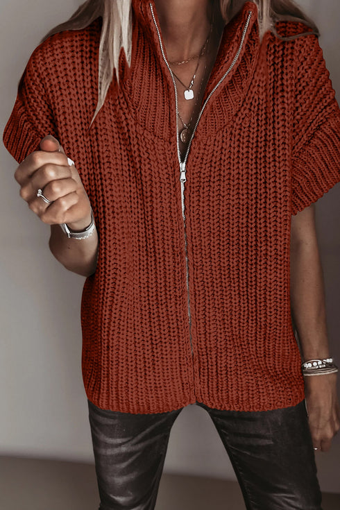 High Neck Short Sleeve Zipper Knit Sweater