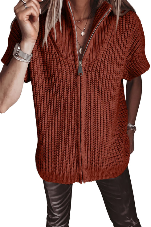 High Neck Short Sleeve Zipper Knit Sweater
