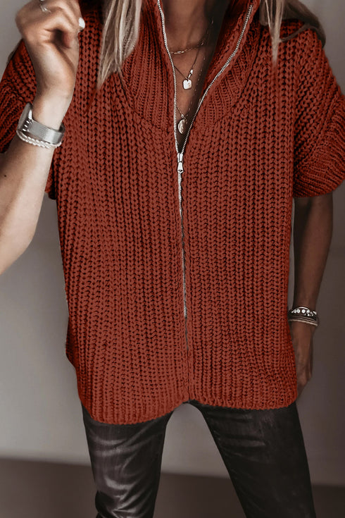 High Neck Short Sleeve Zipper Knit Sweater