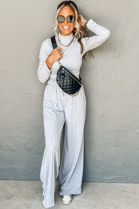 High Neck Slim Top Smocked Waist Wide Leg Pant Set