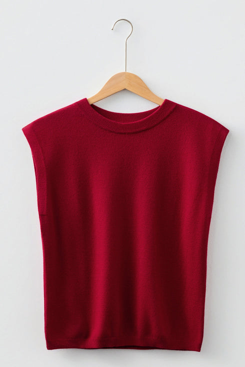 High Ribbed Crew Neck Cap Sleeve Knit Top