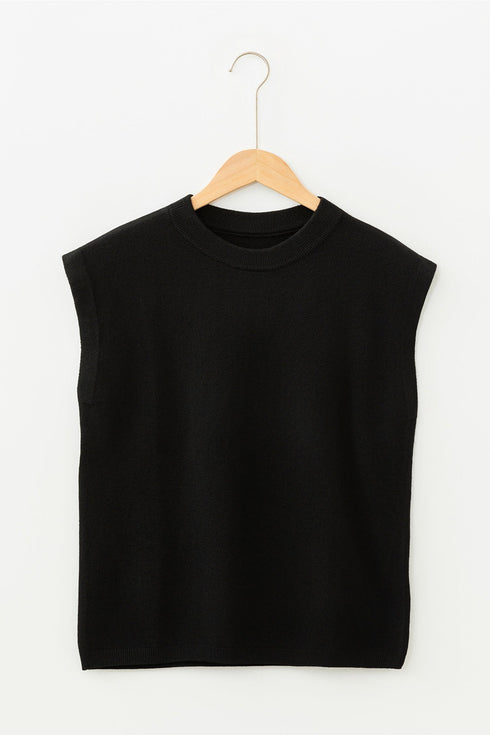High Ribbed Crew Neck Cap Sleeve Knit Top