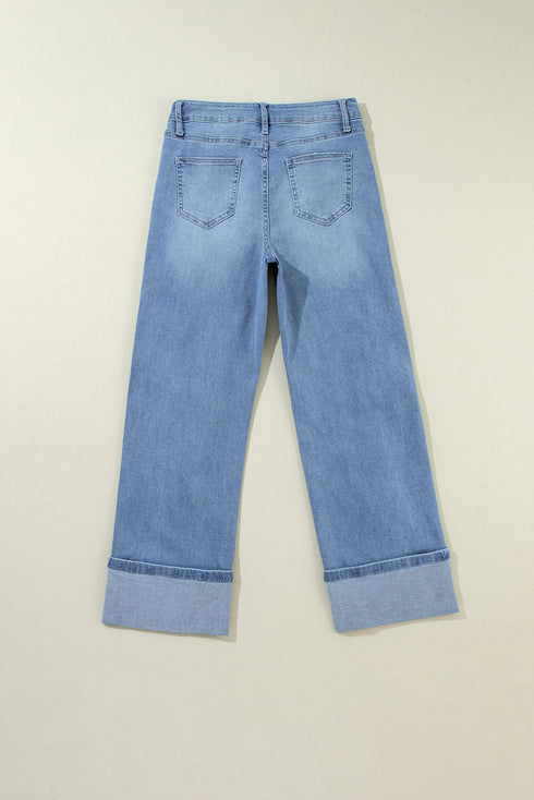 High Rise Asymmetric Button Zip Fly Distressed Jeans