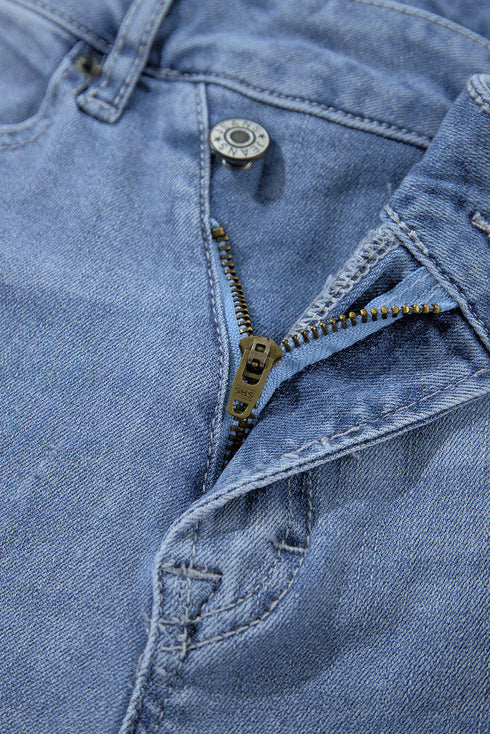 High Rise Asymmetric Button Zip Fly Distressed Jeans
